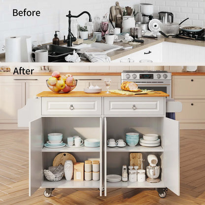 Lofka 52-Inch Kitchen Island with Storage on Wheels with Wood Drop Leaf, Ideal for Small Kitchens
