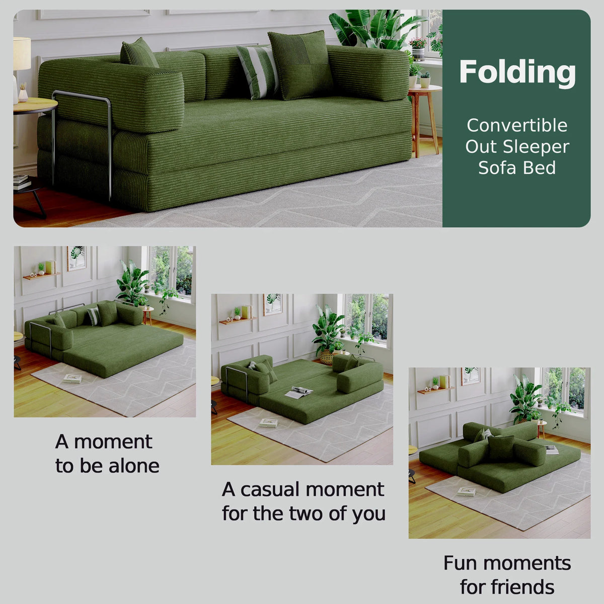 Convertible Sleeper Sofa Bed,Compressed Floor Boneless Couch,Modular Modern Corduroy Sofa for Living Room Bedroom -with Fixed-Shape Frame and Support Armrest,Easy Assembly(Green)