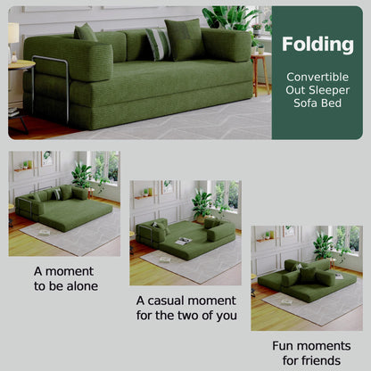 Convertible Sleeper Sofa Bed,Compressed Floor Boneless Couch,Modular Modern Corduroy Sofa for Living Room Bedroom -with Fixed-Shape Frame and Support Armrest,Easy Assembly(Green)