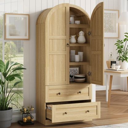 Luku 72" Tall Arched Kitchen Pantry Cabinet, Farmhouse Wood Storage Cabinet with Glass Door, 2 Large Drawers, Freestanding Organizer for Dining Room & Living Room