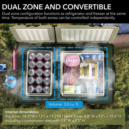 Whynter 90 Quart Dual Zone Portable Fridge/Freezer with 12v Option and Wheels