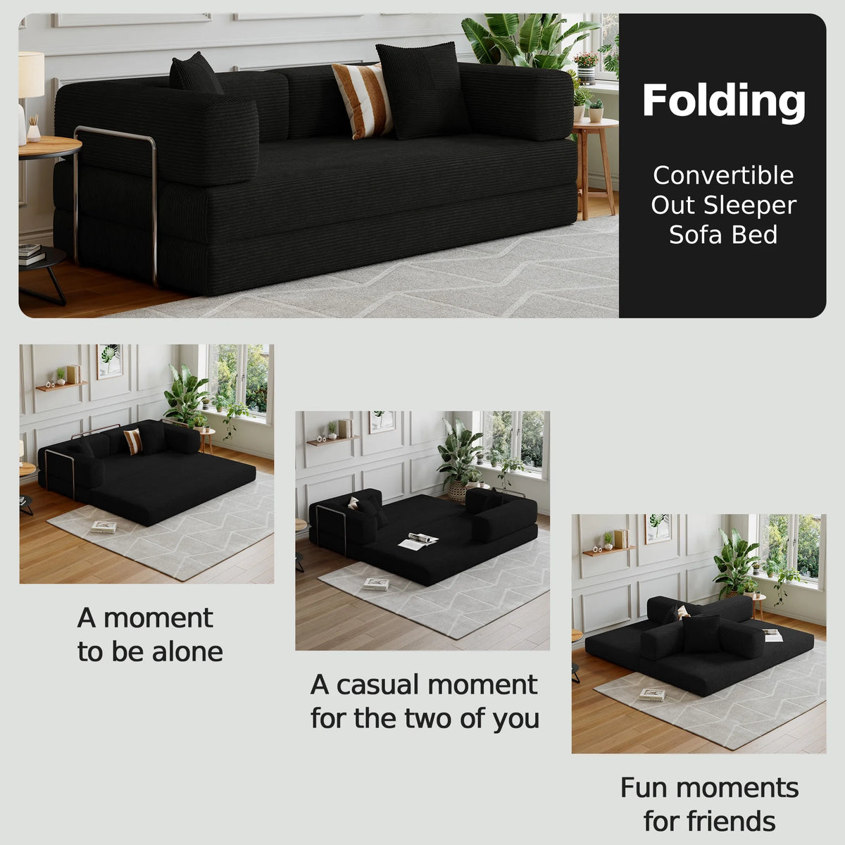 Convertible Sleeper Sofa Bed,Compressed Floor Boneless Couch,Modular Modern Corduroy Sofa for Living Room Bedroom -with Fixed-Shape Frame and Support Armrest,Easy Assembly(Green)