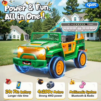 Joyracer 24 Volt Ride on Toys for Big Kids, Licensed Angry Birds Ride on Truck with Remote, 2 Seater 4WD Electric Ride ons with Shovel, Bluetooth, Lights, Power Car Wheels for 3-8, 130lbs, Green