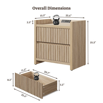 SICOTAS 25.4" Wide Nightstand Set of 2 with Charging Station, Modern Night Stand  with  2 Fluted Dresser & Handle-Less Storage Farmhouse Bed Side Table  for Bedroom, Natural Oak