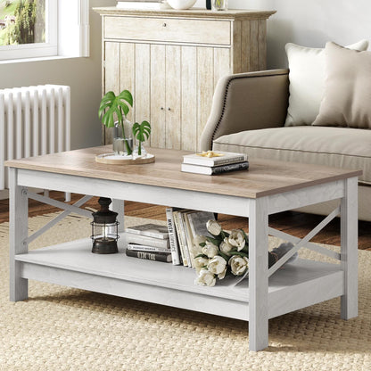 Moasis Farmhouse Coffee Table with Storage 2-Tier Center Table for Living Room Grey Wash Top+White