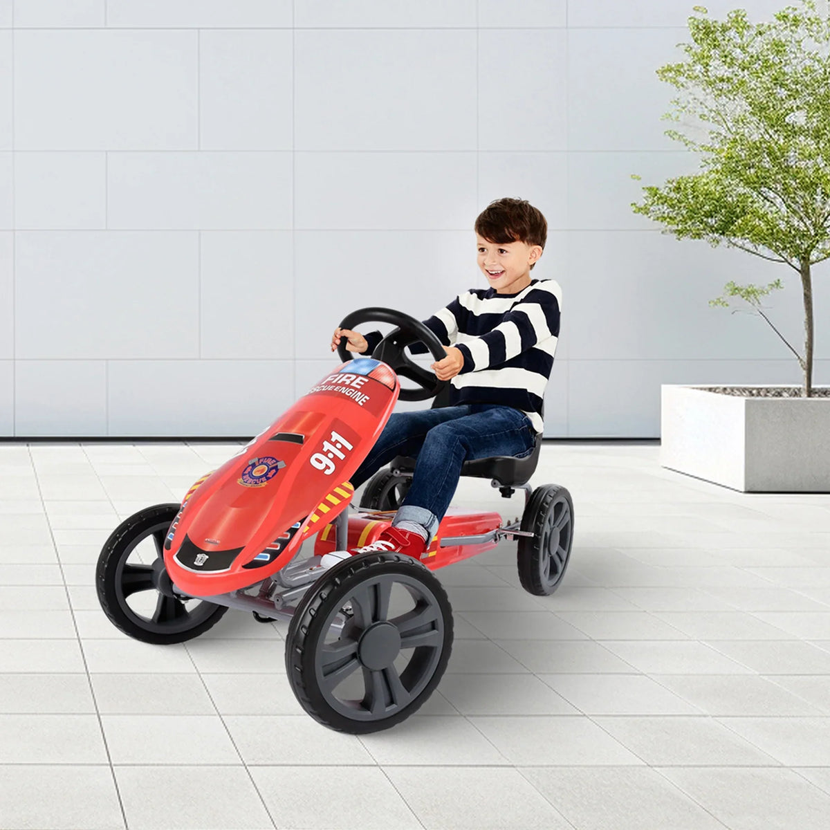 Hauck Speedster Pedal Go Kart w/ Adjustable Bucket Seat for Kids Ages 4 to 8, Fire Rescue
