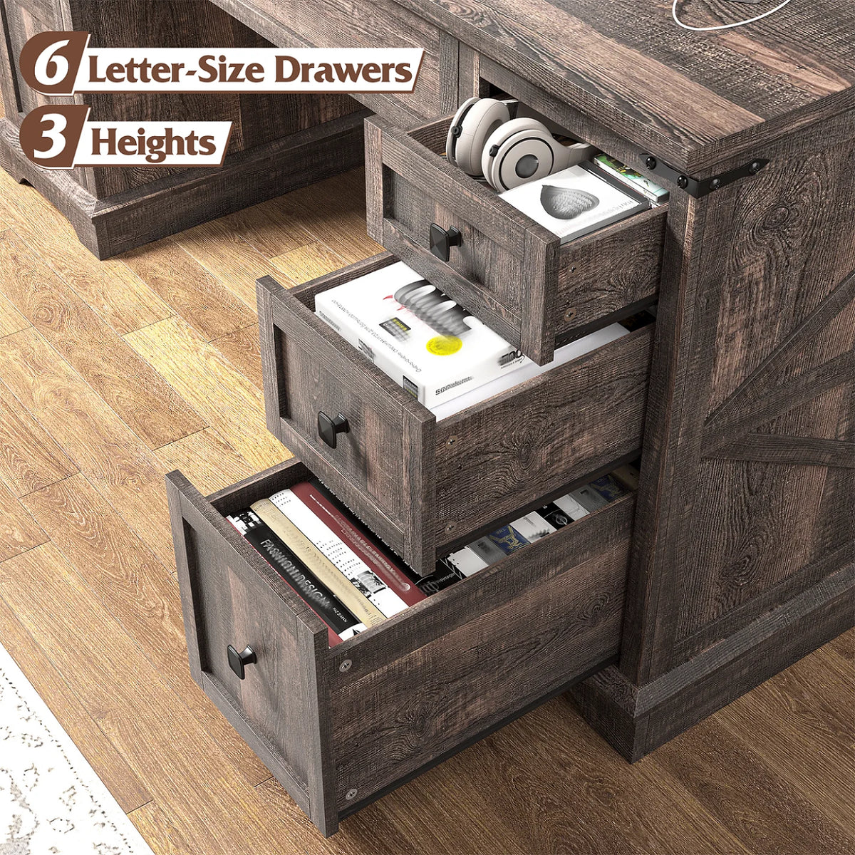 EnHomee Farmhouse Desk with Drawers, Wood Home Office Desk with Charging Station, Antique White