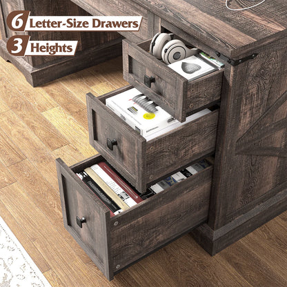 EnHomee Farmhouse Desk with Drawers, Wood Home Office Desk with Charging Station, Antique White