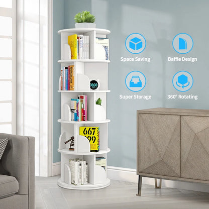 Bimiti 5 Tier Rotating Bookshelf, 360?�� Revolving Bookcase 20 Shelves Floor-Standing Storage Display Rack - White 63"x18"x18", Adult