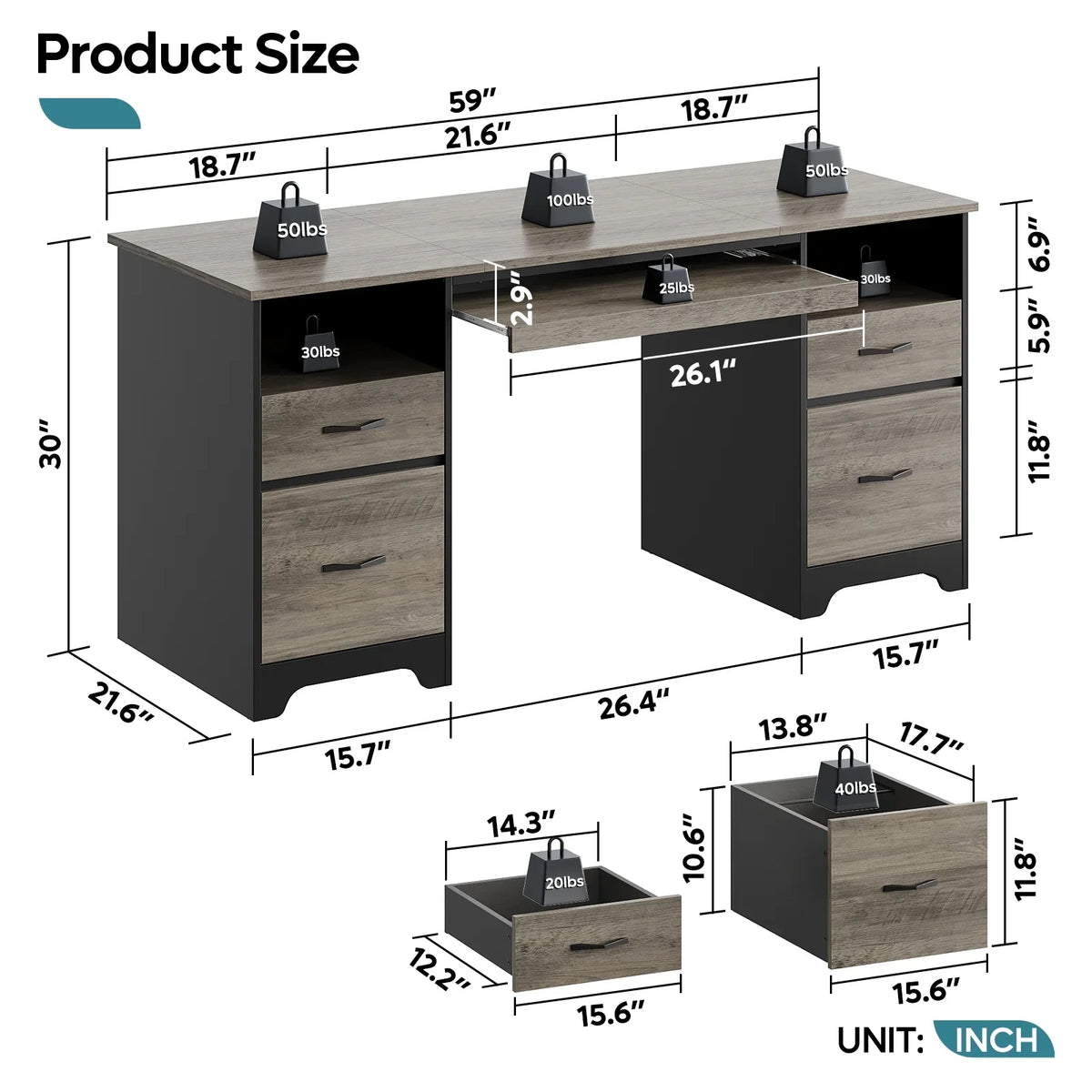 Bestier 59�� Computer Desk with 4 Drawers, Office Executive Desk with File Drawer, Keyboard Tray for Home Office, Gray