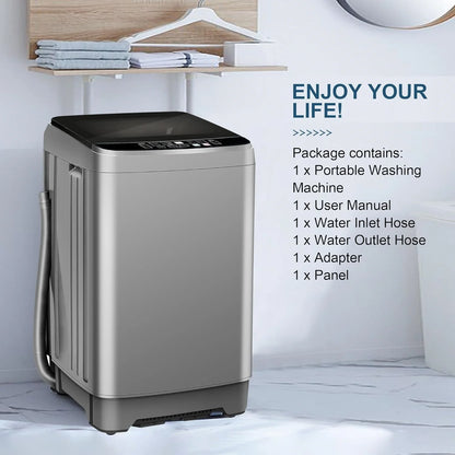 Kcpolre Portable Washing Machine, 25 lbs Full Automatic Washer with 10 Programs & 8 Water Levels, Top Load Clothes Washing Machines with LED Display for Home, Apartment, Grey