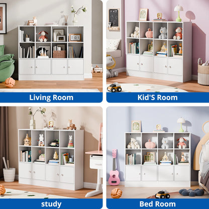 Cozy Castle 3-Tier Open Cube Bookcase with 12 Cubes and 4 Doors, Adjustable Shelves, White