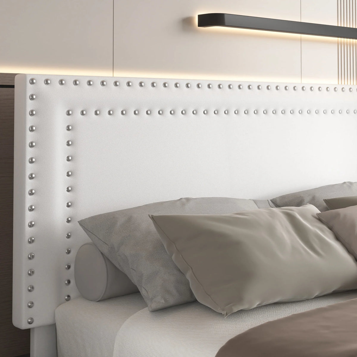 VECELO Full Bed Frame with 4 Storage Drawers (Wheeled) and Tufted Upholstered Adjustable Headboard Platform Bed, Beige