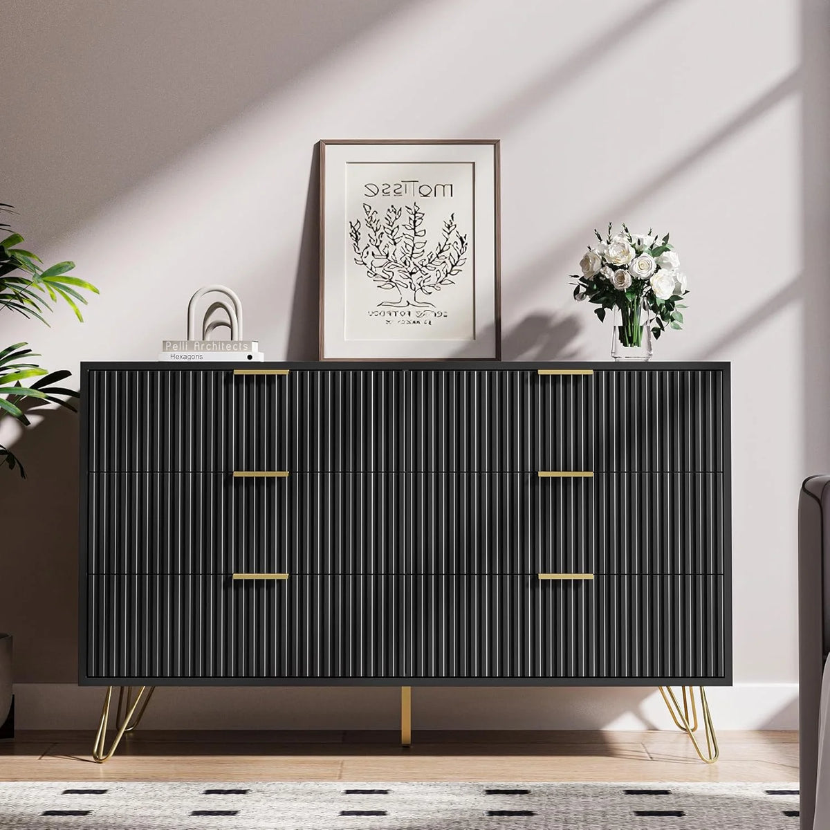 FURNIWAY White 6 Drawer Dresser for Bedroom, Modern Dresser with Gold Metal Handles,Fluted Wood TV Stand for Living Room, Hallway