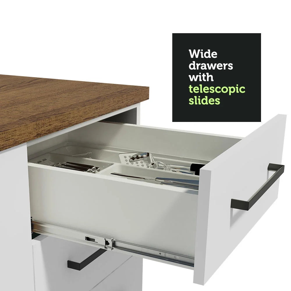 Madesa Full Set Hazel Kitchen Storage Cabinet 107 Inch Wooden Organization Unit with Multiple Compartments Engineered Wood Slab Doors Painted Finish Floor Mount Removable Plinth - White/Brown