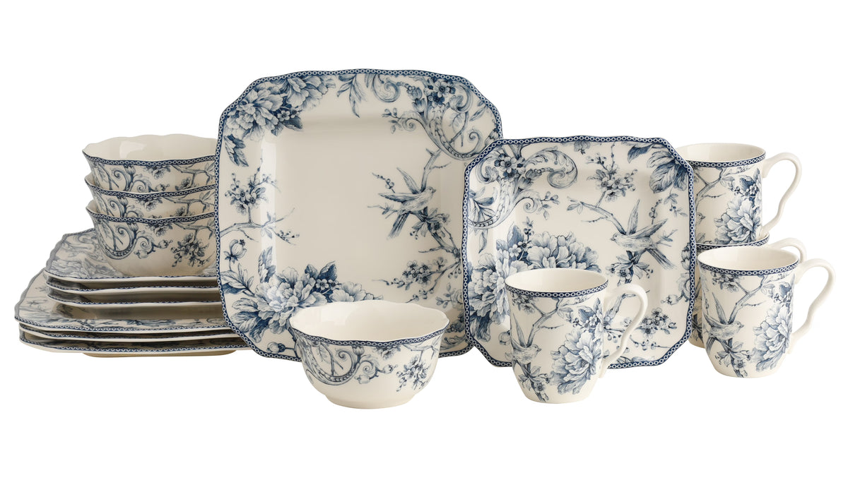 222 Fifth Adelaide Round 16-Piece Porcelain Dinnerware Set, Black Toile