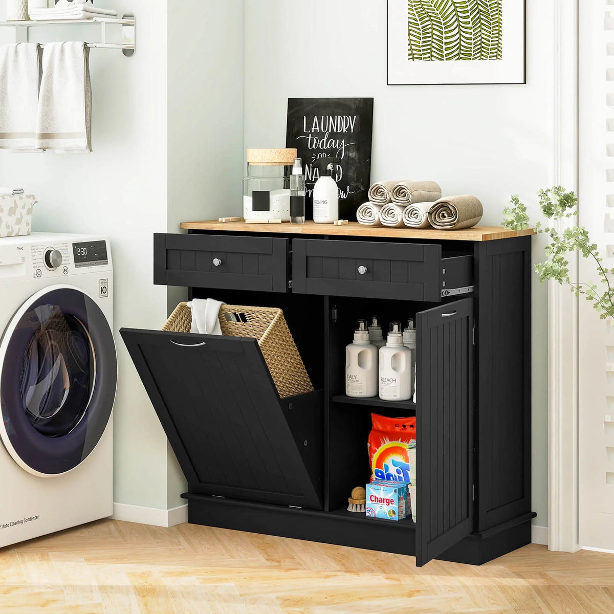 Costway 15.5 Gallon Kitchen Tilt Out Trash Cabinet Rubber Wood Tabletop 2 Drawers Shelf Gray