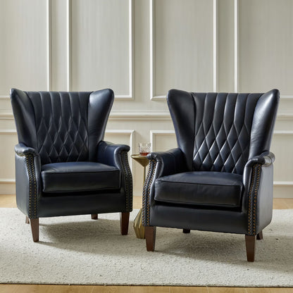 Traditional Genuine Leather Accent Chair with Nailhead Trim Tufted Armchair for Living Room Camel