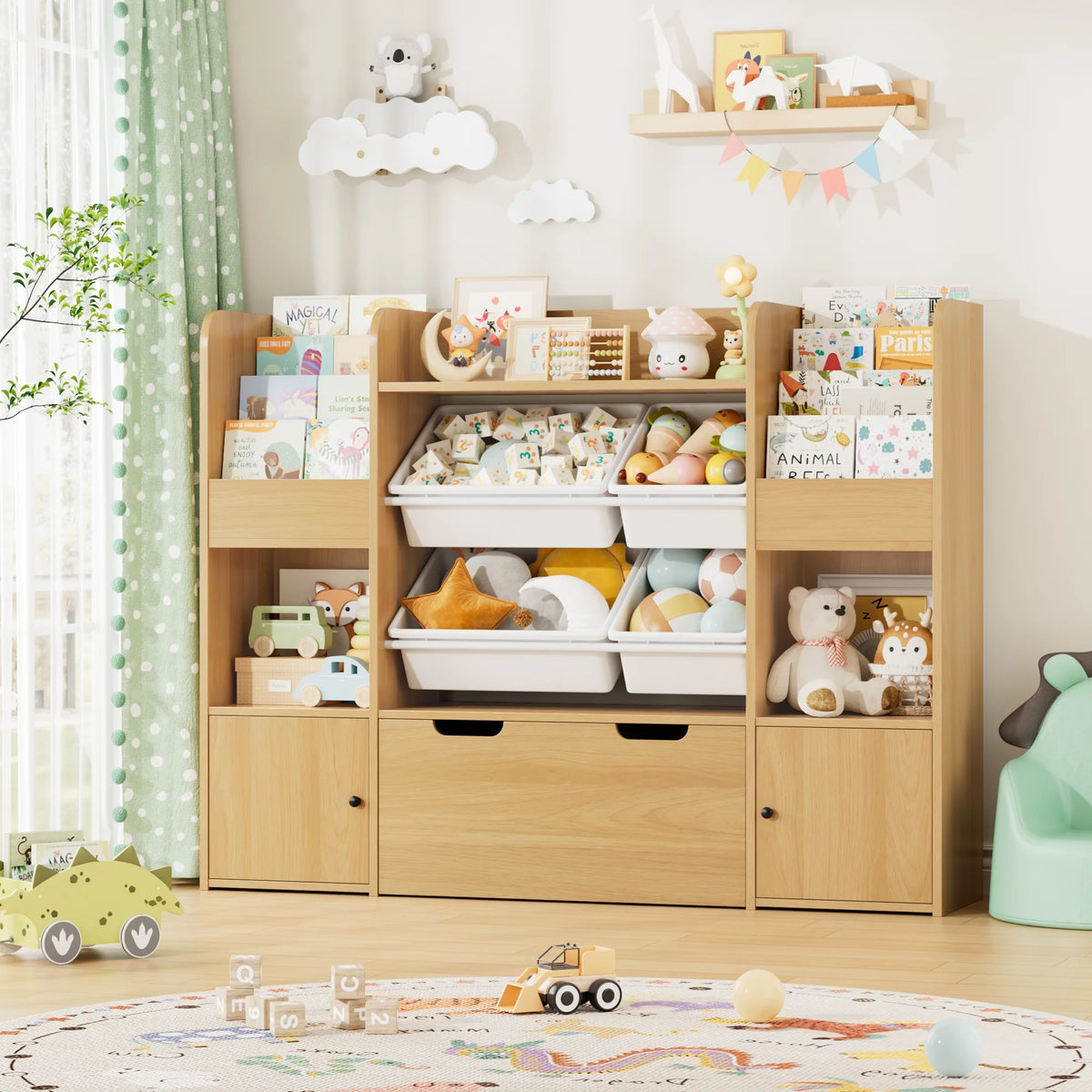 Hiphuta Kids Bookcase Toy Storage Organizer, Wooden Toy Organizer of 4 Bins& 2 Removable Drawers for Home Bedroom, Kids Bookshelf Toy Box with Book Rack, White