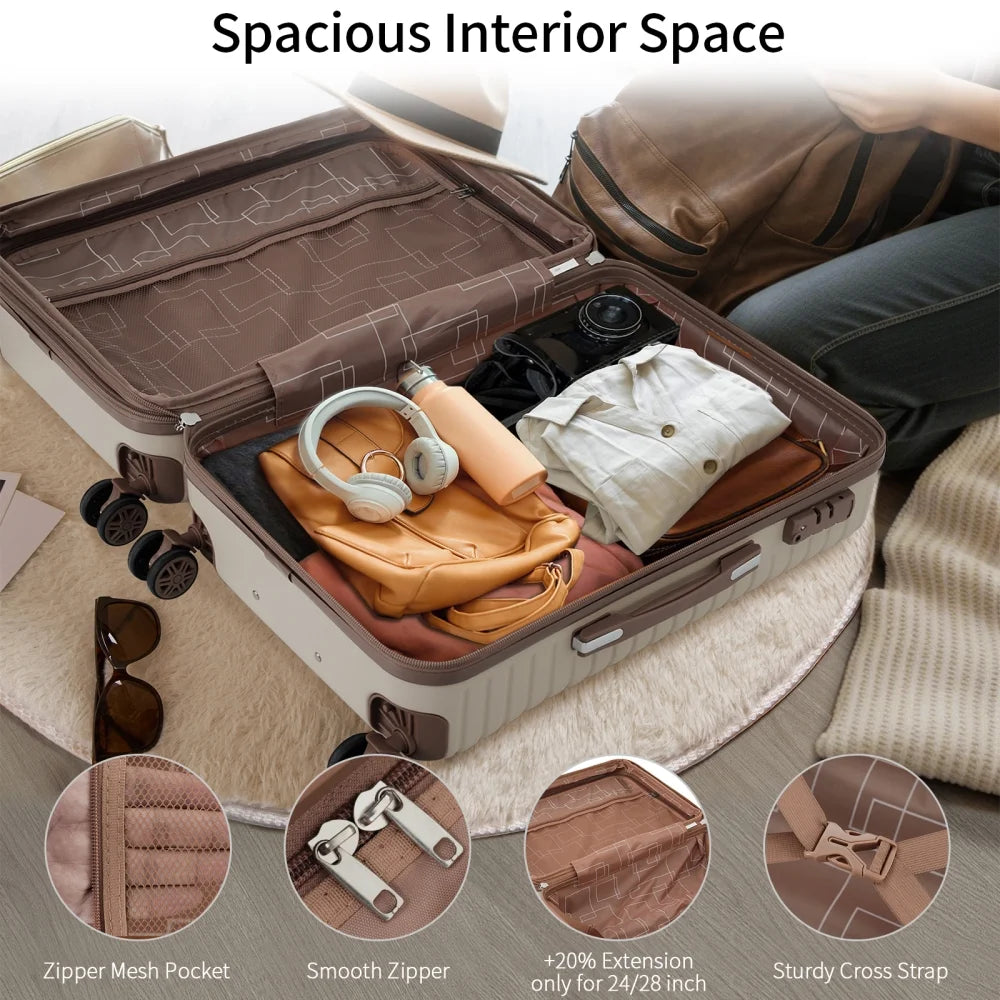 Luggage Sets,4-Piece Lightweight Suitcase Set with 4 Packing Cubes and TSA Lock, Hardshell Suitcases with Spinner Wheels, (16/20/24/28 ),Brown