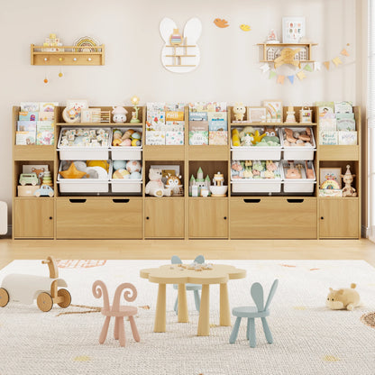 Hiphuta Kids Bookcase Toy Storage Organizer, Wooden Toy Organizer of 4 Bins& 2 Removable Drawers for Home Bedroom, Kids Bookshelf Toy Box with Book Rack, White