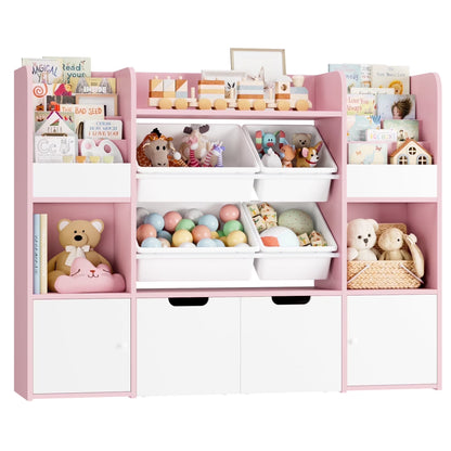 Hiphuta Kids Bookcase Toy Storage Organizer, Wooden Toy Organizer of 4 Bins& 2 Removable Drawers for Home Bedroom, Kids Bookshelf Toy Box with Book Rack, White