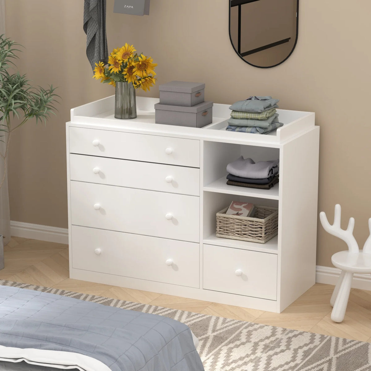 OXYLIFE 45" Baby Nursery Changing Table Dresser with 4 Drawers and Shelf for Nursery Room, White