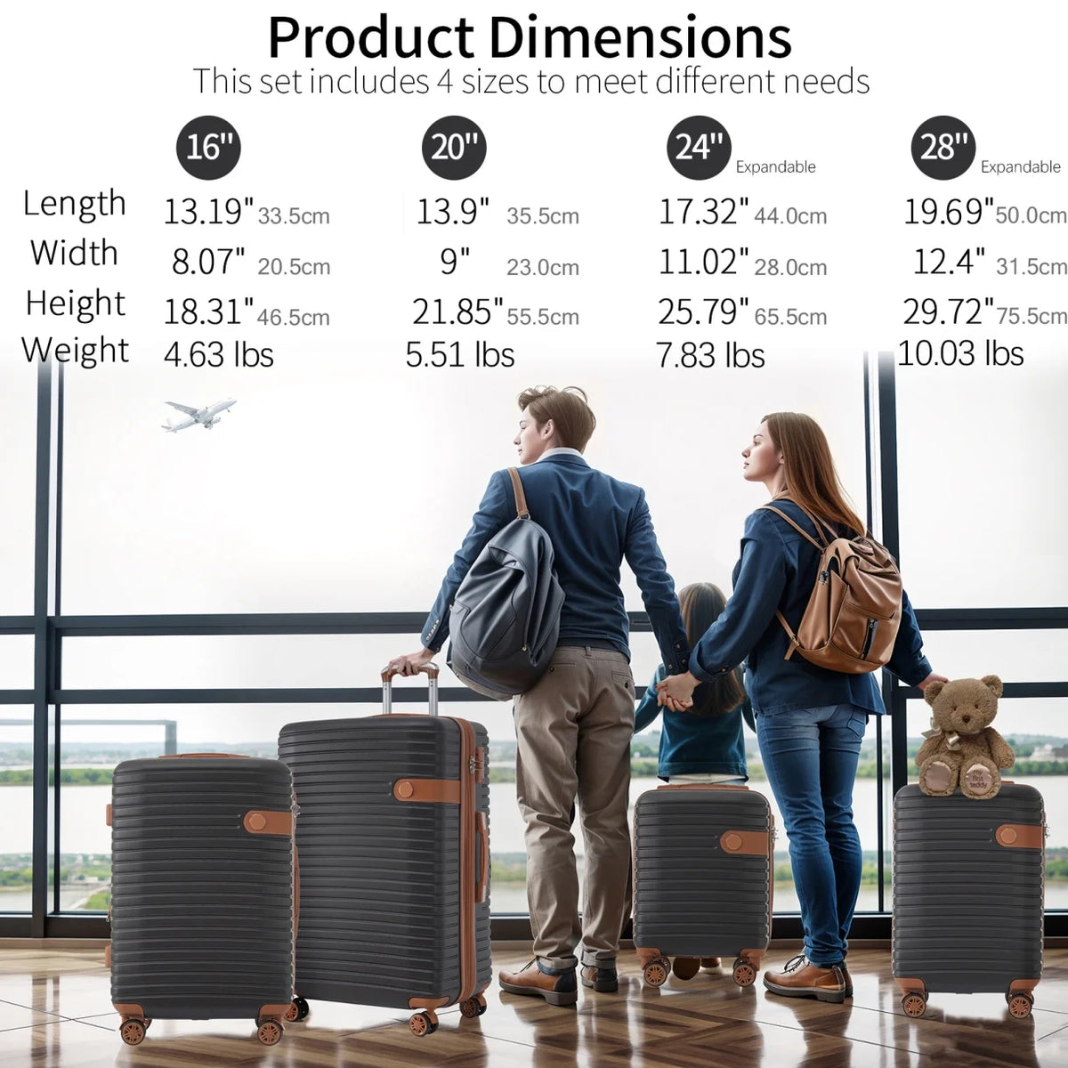 Luggage Sets,4-Piece Lightweight Suitcase Set with 4 Packing Cubes and TSA Lock, Hardshell Suitcases with Spinner Wheels, (16/20/24/28 ),Brown