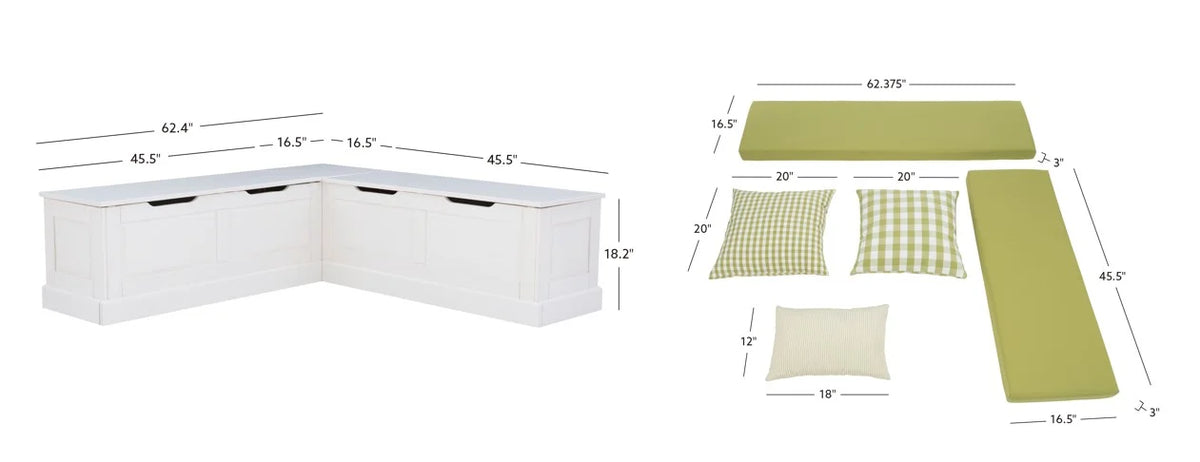 Linon Romero Backless Corner Nook with Storage, 5-Piece Cushion Set, Natural/White/Beige