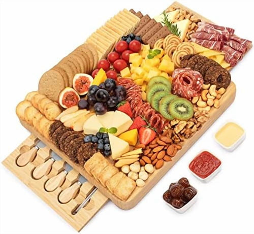 Charcuterie Board Set - Cheese Board with 2 Drawers, Bamboo Cheese Tray Serving Board - Unique Mothers Day Gifts, Wedding, Housewarming, Birthday Gifts