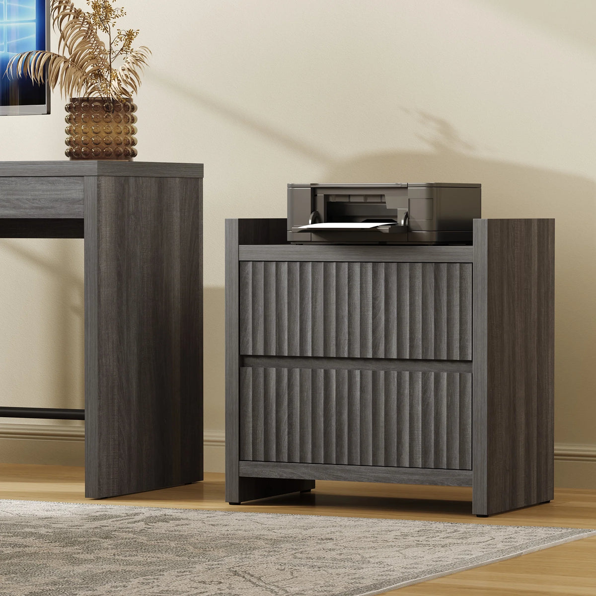 SICOTAS 25.4" Wide Nightstand Set of 2 with Charging Station, Modern Night Stand  with  2 Fluted Dresser & Handle-Less Storage Farmhouse Bed Side Table  for Bedroom, Natural Oak