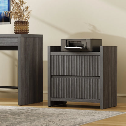 SICOTAS 25.4" Wide Nightstand Set of 2 with Charging Station, Modern Night Stand  with  2 Fluted Dresser & Handle-Less Storage Farmhouse Bed Side Table  for Bedroom, Natural Oak