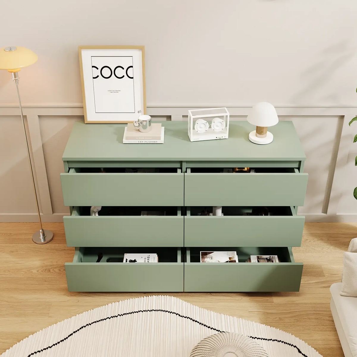 Resenkos Modern Mid Century 6 Drawer Wide Dressers Chests for Bedroom, Chest of Drawer Organizer Grey