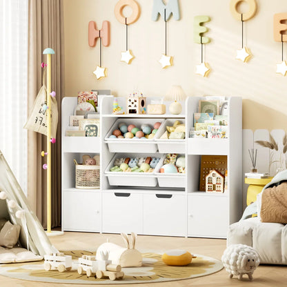 Hiphuta Kids Bookcase Toy Storage Organizer, Wooden Toy Organizer of 4 Bins& 2 Removable Drawers for Home Bedroom, Kids Bookshelf Toy Box with Book Rack, White