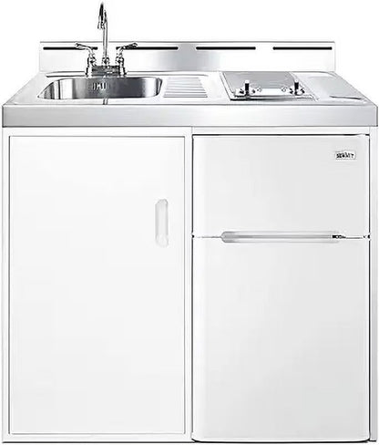 39 inch wide all-in-one kitchenette with 2-burner 115V smooth-top cooktop, refrigerator-freezer, sink, and storage cabinet