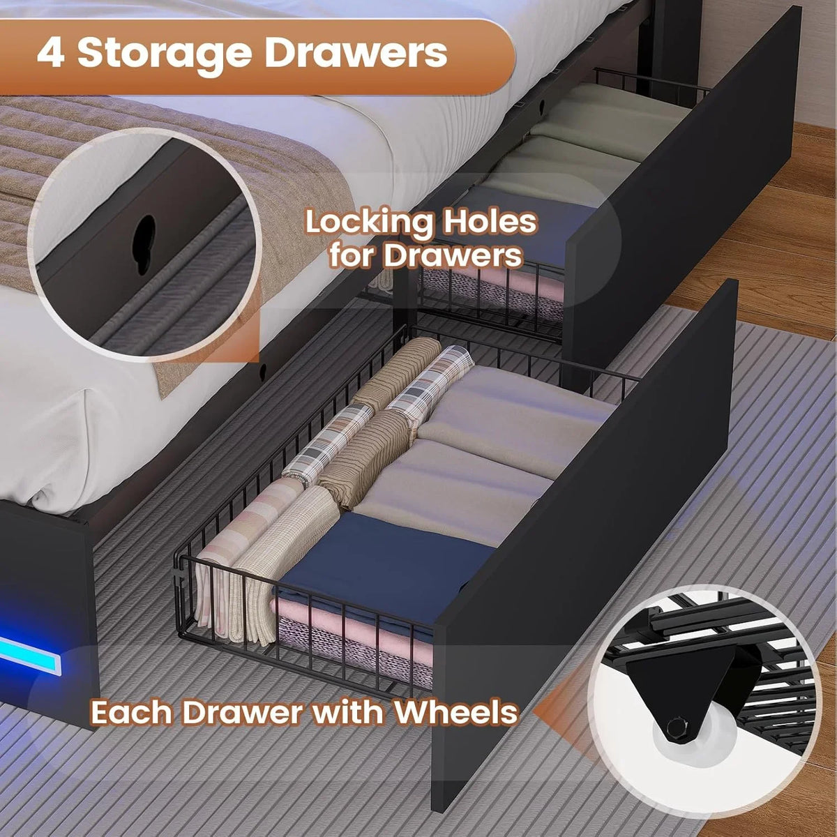 AOGLLATI Upholstered Platform Twin Bed with 4 Storage Drawers & Charging Station & LED Lights, Black