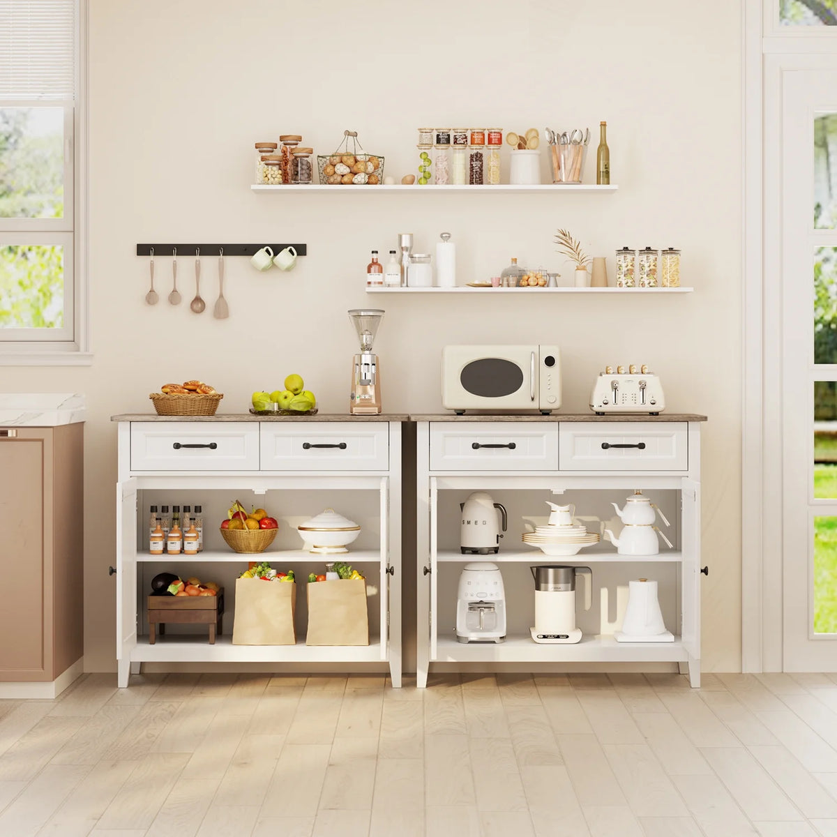 Coffee Bar, Lofka 42" Kitchen Storage Cabinet, Sideboard Buffet Cabinet with 8 Shelves, 1 Drawer
