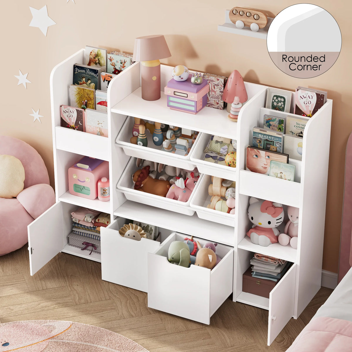Hiphuta Kids Bookcase Toy Storage Organizer, Wooden Toy Organizer of 4 Bins& 2 Removable Drawers for Home Bedroom, Kids Bookshelf Toy Box with Book Rack, White