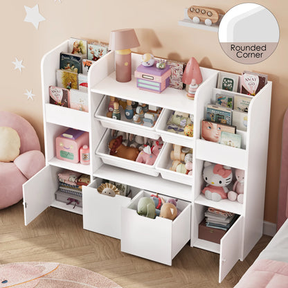 Hiphuta Kids Bookcase Toy Storage Organizer, Wooden Toy Organizer of 4 Bins& 2 Removable Drawers for Home Bedroom, Kids Bookshelf Toy Box with Book Rack, White