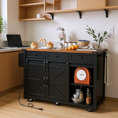 Homy Casa Farmhouse 53.7" Kitchen Island with Storage Cabinet, Sliding Barn Doors, and Wheels, White Oak