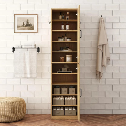 66-Inch Bathroom Storage Cabinet with Rattan Doors,  Bath Room Organizer Floor Cabinets Brown