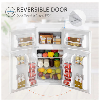 3.2 Cu.Ft Mini Fridge with Freezer - Double Door Refrigerator Adjustable Thermostat, Reversible Door - White - Dorm, Apartment, Bedroom