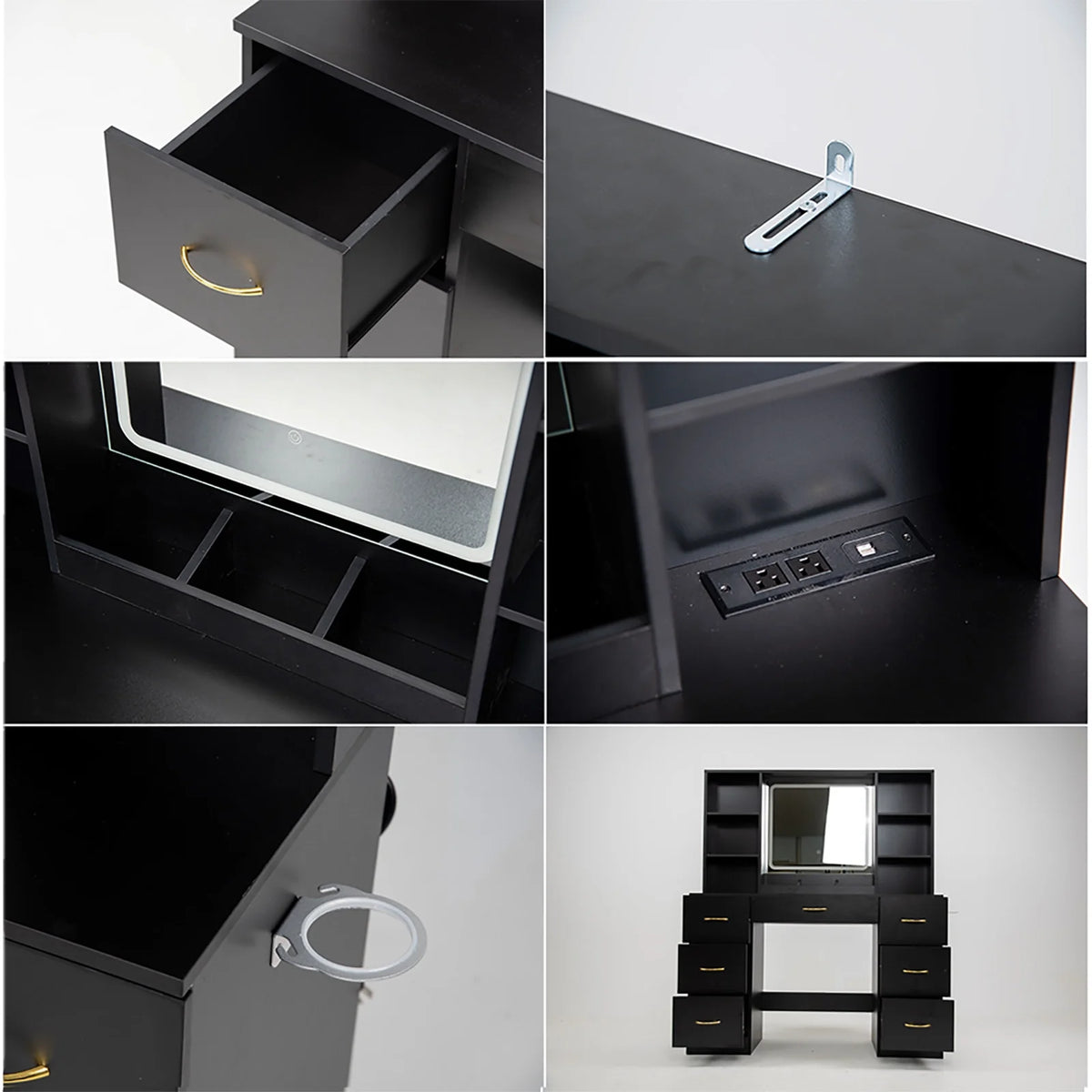 47" Large Vanity Desk with Lighted Mirror & Charging Station, Black Makeup Vanity with 7 Drawers & 6 Shelves, Vanity Set with Cushioned Stool