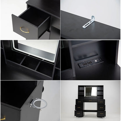 47" Large Vanity Desk with Lighted Mirror & Charging Station, Black Makeup Vanity with 7 Drawers & 6 Shelves, Vanity Set with Cushioned Stool