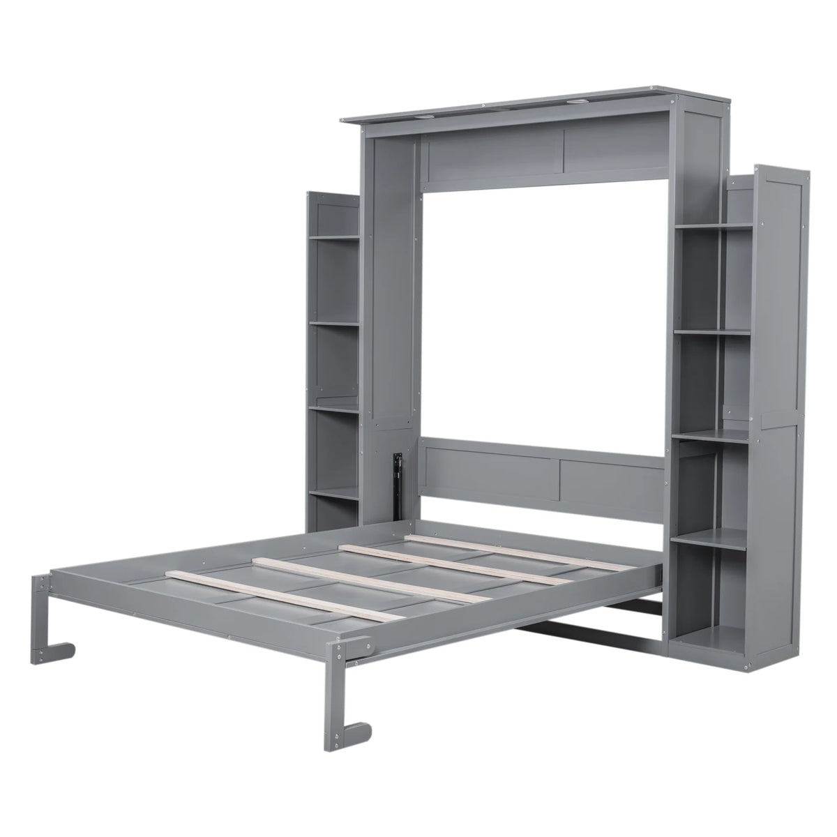 Aukfa Queen Size Murphy Bed with 5-Tier Storage Shelf & LED Lights, Foldable Wall Bed Cabinet with Mattress Support, Space-Saving Design for Guest Room/Home Office, Gray