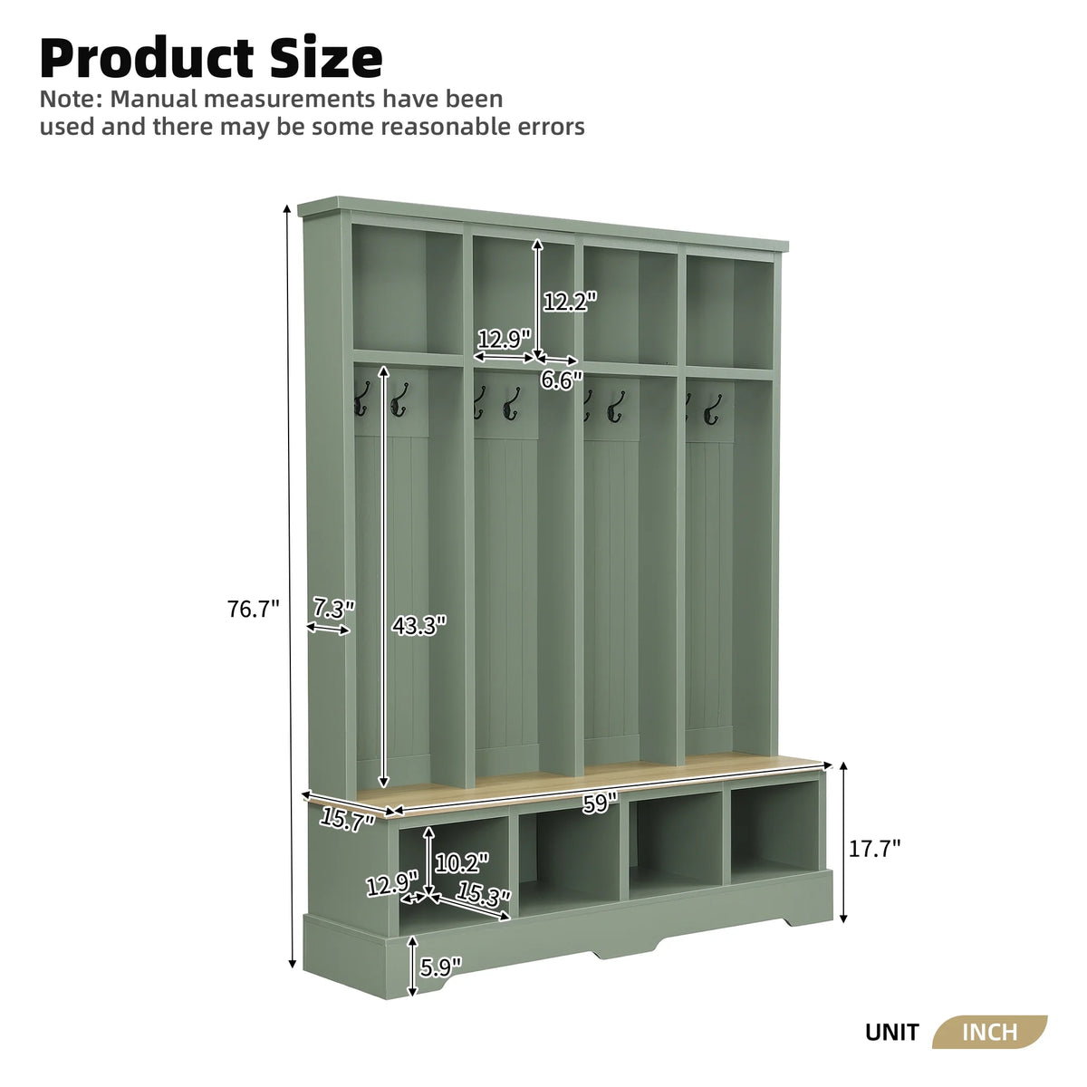 Euroco Farmhouse 59"W Wide Hall Tree with 8 Hooks, Practical Entryway Bench with Open Compartments, 76.7"H Modern 3-in-1 Wooden Style Coat and Shoe Rack for Mudroom, Living Room, Green