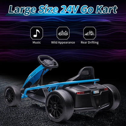 Simzone Go Kart for Kids 24V Battery 300WX2 Motors Pedal On Foot Go Cart 8MPH High Speed Drifting Car with Slow Start Function Music Elastic Durable Tires, Blue