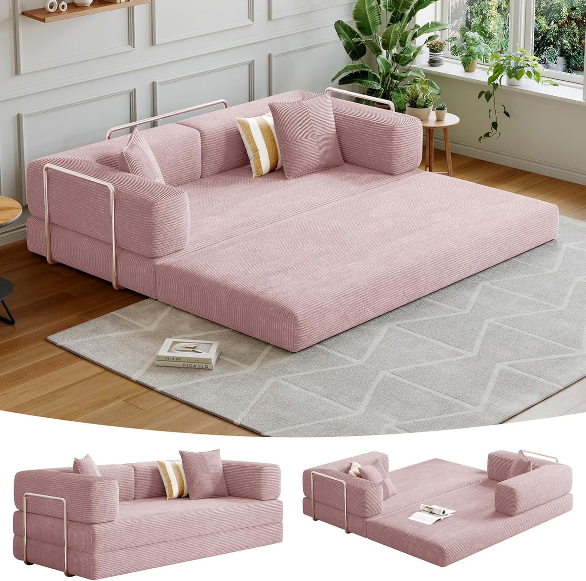 Convertible Sleeper Sofa Bed,Compressed Floor Boneless Couch,Modular Modern Corduroy Sofa for Living Room Bedroom -with Fixed-Shape Frame and Support Armrest,Easy Assembly(Green)
