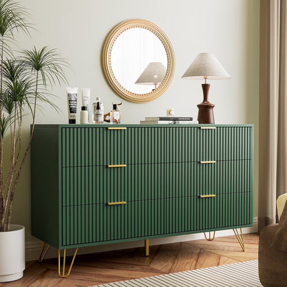 FURNIWAY White 6 Drawer Dresser for Bedroom, Modern Dresser with Gold Metal Handles,Fluted Wood TV Stand for Living Room, Hallway