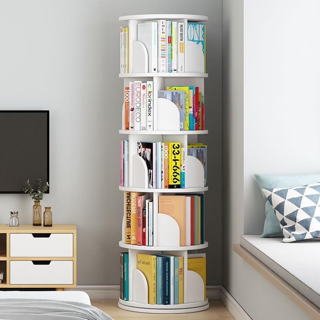 Bimiti 5 Tier Rotating Bookshelf, 360?�� Revolving Bookcase 20 Shelves Floor-Standing Storage Display Rack - White 63"x18"x18", Adult